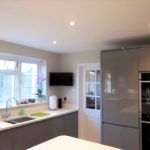 Howdens Clerkenwell Gloss kitchen in slate grey with white quartz worktops